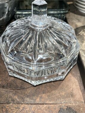 Vintage 1950s Soviet Faceted Crystal Lidded 10-Sided Covered Bowl